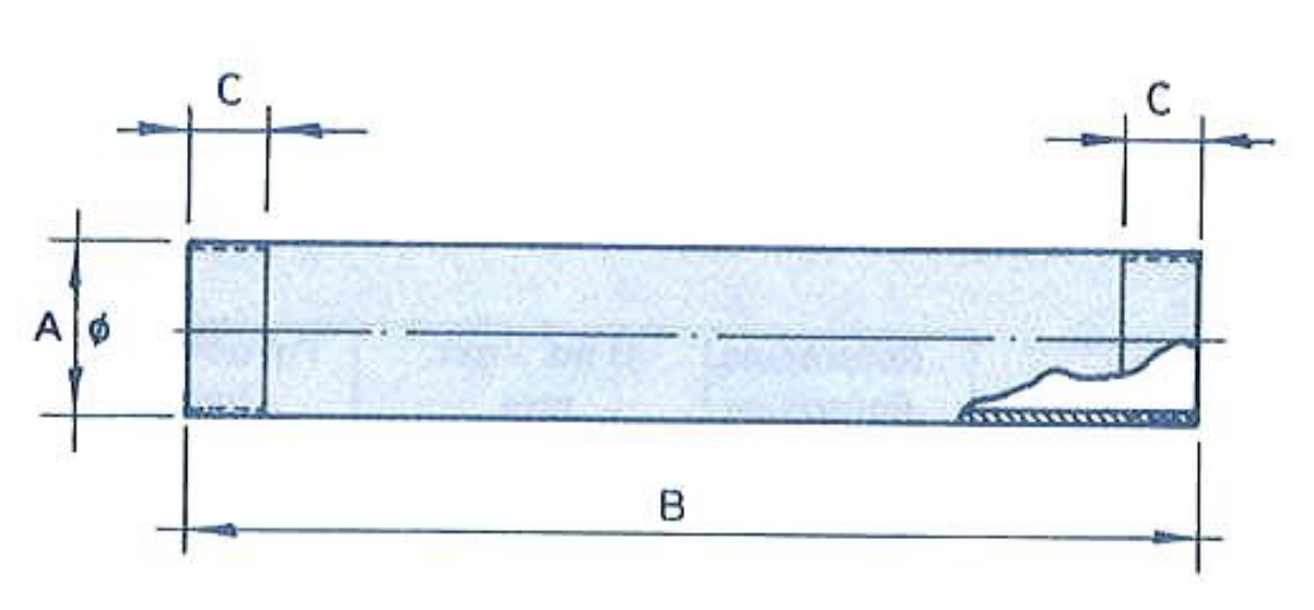 Plano acotado del tubo corto de 100 mm. para empalmes ACE-12